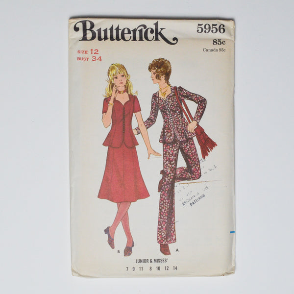 Vintage Butterick 5956 Junior + Misses' Two Piece Dress + Pants Sewing Pattern Size 12 Default Title