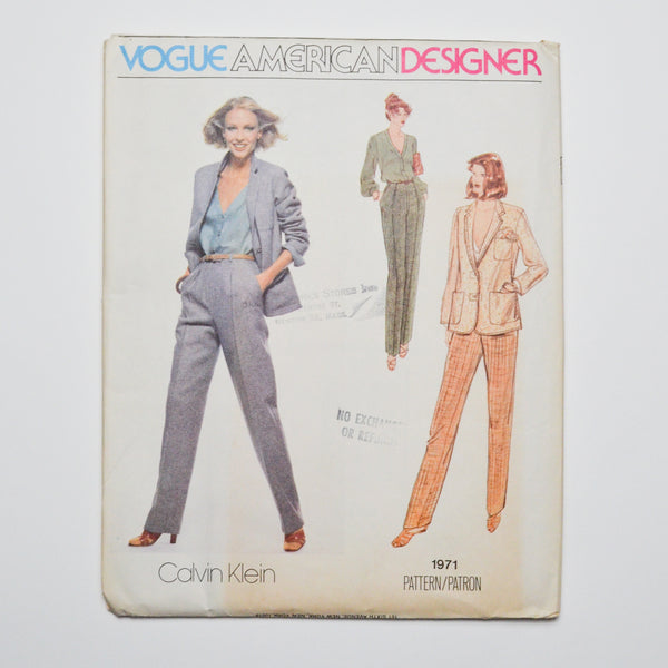 Vogue American Designer Calvin Klein 1971 Jacket, Blouse, + Pants Sewing Pattern