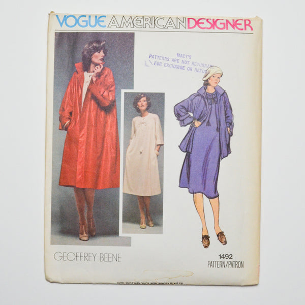 Vogue American Designer Geoffrey Beene 1492 Dress + Coat Sewing Pattern Size 10