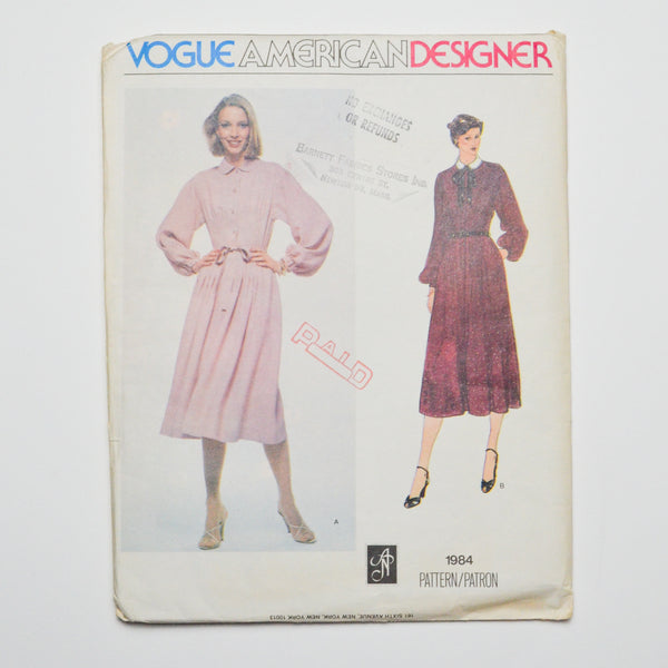 Vogue American Designer 1984 Dress + Belt Sewing Pattern Size 10