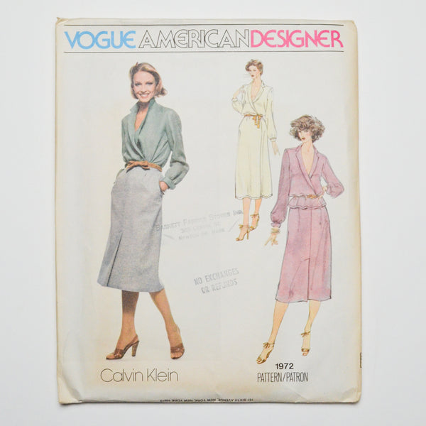 Vogue American Designer Calvin Klein 1972 Top or Dress + Skirt Sewing Pattern Size 10