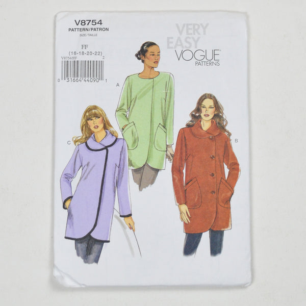 Very Easy Vogue V8754 Jacket Sewing Pattern Size FF (16-22)