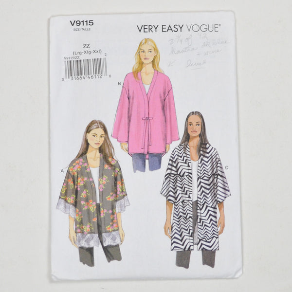 Very EAsy Vogue V9115 Jacket Sewing Pattern Size ZZ (L-XXL)