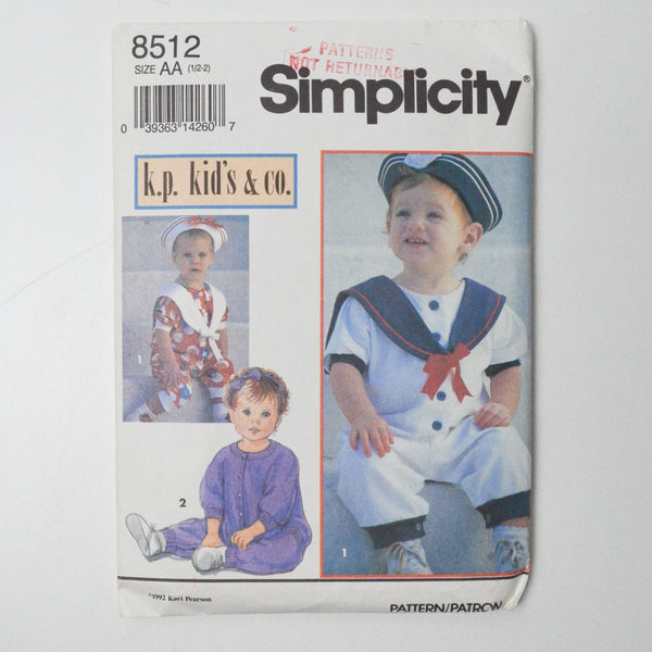 Simplicity 8512 Onesie Sewing Pattern - Size AA (1/2 - 2)