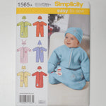 Simplicity 1565A Baby Bunting, Romper + Hats Sewing Pattern - Size XXS-S