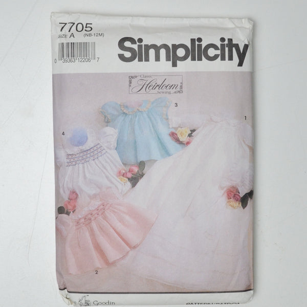 Simplicity 7705 Baby Christening Gown, Dress, Slip, Romper + Bonnet Sewing Pattern (NB-12M)