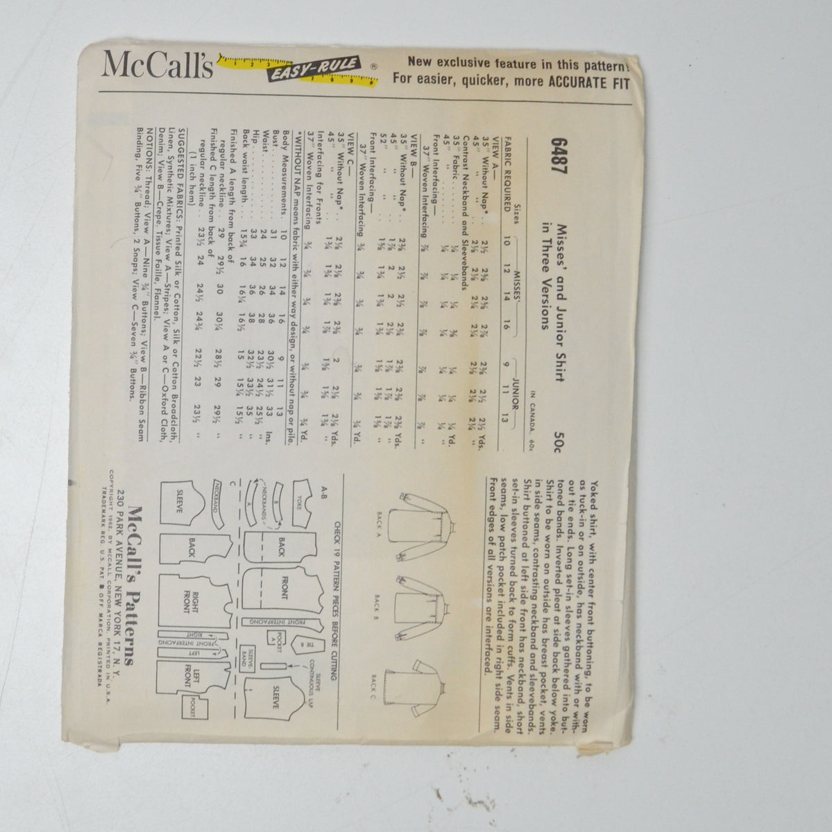 McCall's 6487 Shirt Sewing Pattern Size 16 – Make & Mend