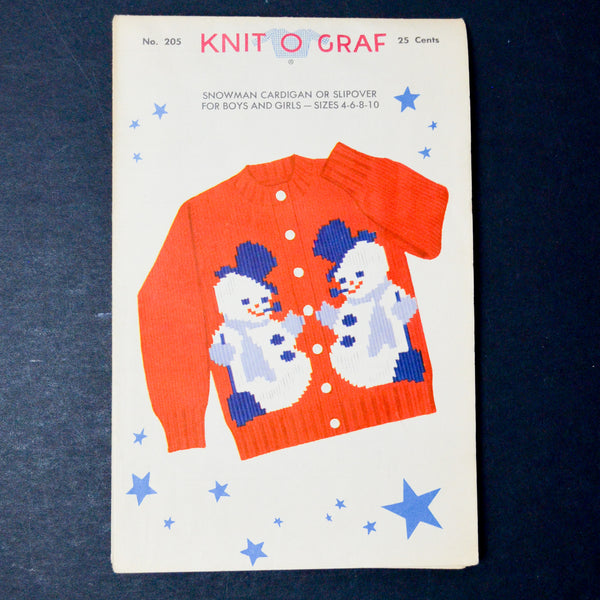 Knit O Graf No. 205 Kids Snowman Cardigan or Slipover Knitting Pattern - Size 4-10