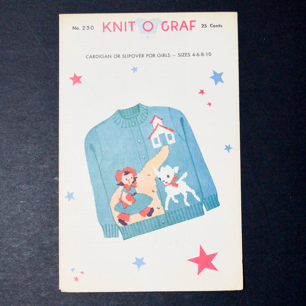 Knit O Graf No. 230 Girls Cardigan or Slipover Knitting Pattern - Size 4-10