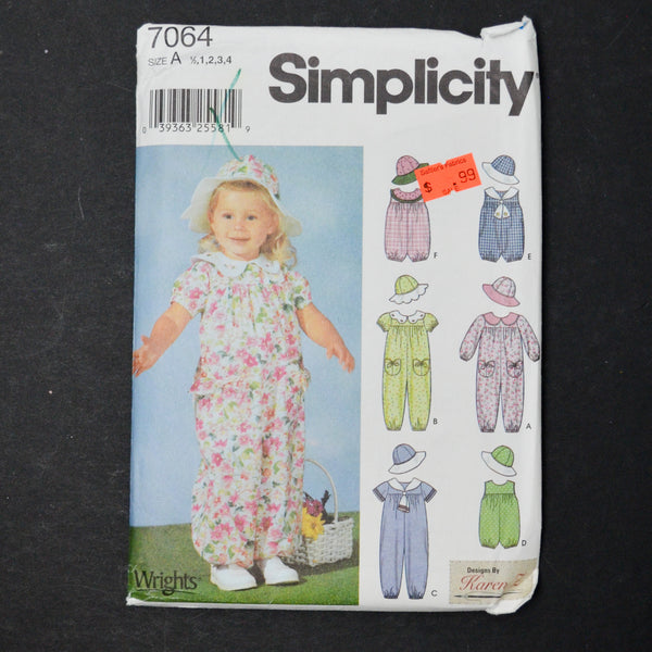 Simplicity 7064 Toddlers' Romper + Hat Sewing Pattern Size A (1/2-4)