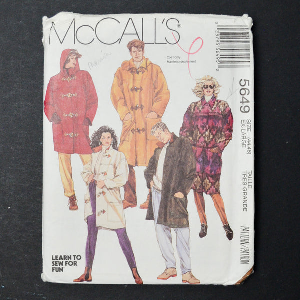 McCall's 5649 Duffle Coat + Detachable Hood Sewing Pattern - Size XL (44-46)