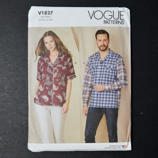 Vogue V1827 Unisex Shirts Sewing Pattern - Size A (S-XXL)
