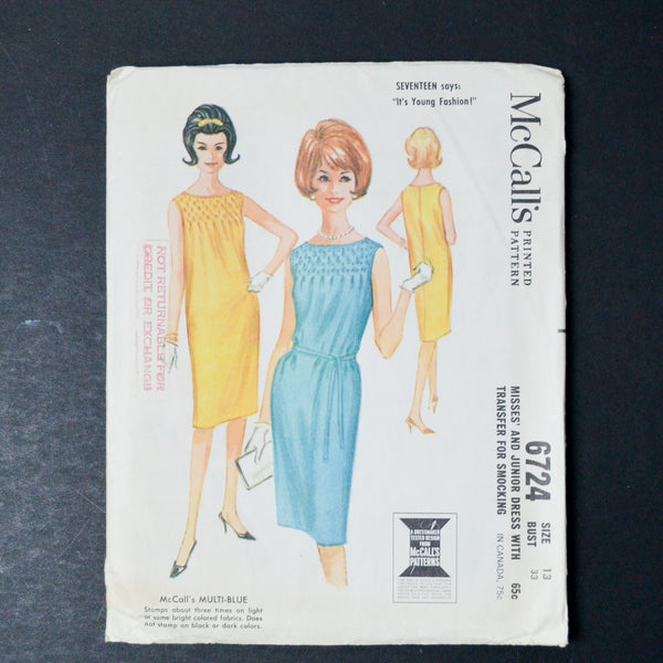 McCall's 6724 Misses' and Junior Dress with Transfer for Smocking Sewing Pattern - Size 13