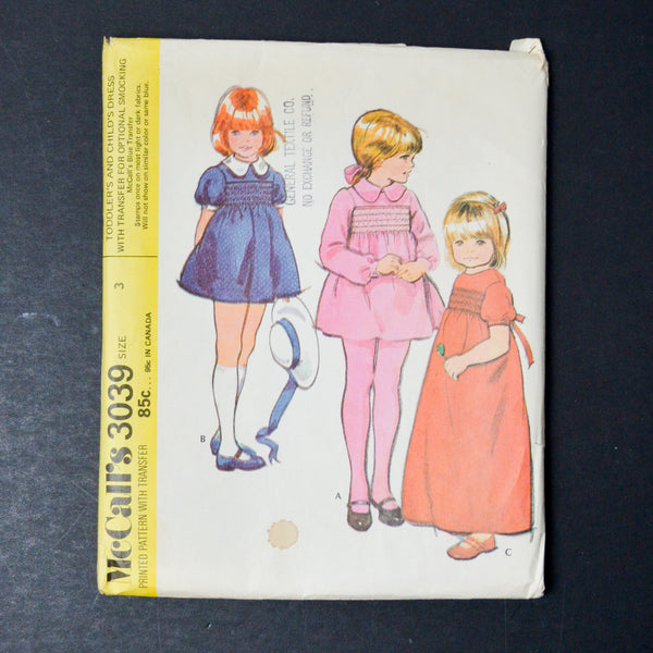McCall's 3039 Toddler's and Child's Dress with Transfer for Optional Smocking Sewing Pattern - Size 3