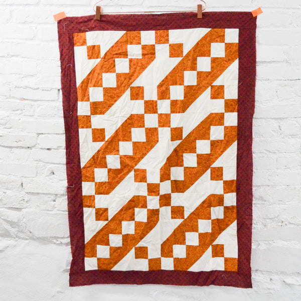 Orange, Red + White Pieced Quilt Top - 30" x 42"