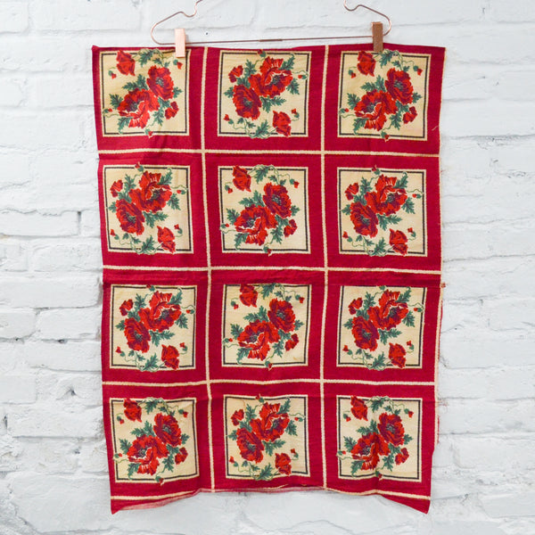 Red + White Vintage Printed Cheater Quilt Panel - 25" x 34"