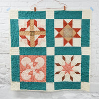 Orange, Teal + White Hand Stitched Quilt - 39" x 39"