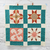 Orange, Teal + White Hand Stitched Quilt - 39" x 39"