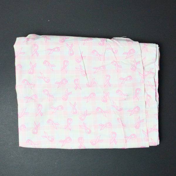 Pink + Mint Plaid Breast Cancer Ribbon Print Quilting Weight Woven Fabric - 44" x 50"