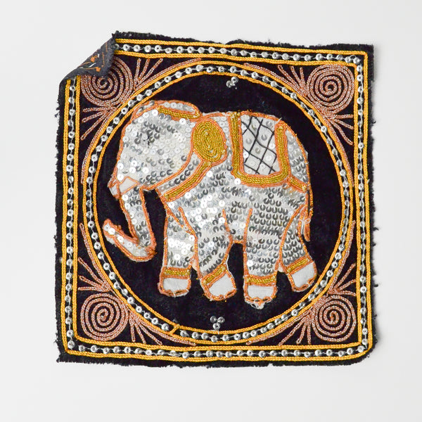 Elephant Embroidered + Sequined Fabric Panel -  8" x 8"