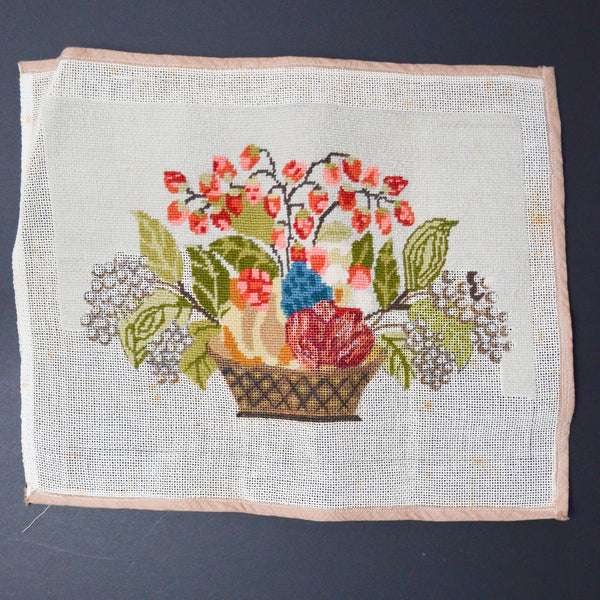 Needlepoint Fruit Basket Panel, Partially Worked - 13" x 16"