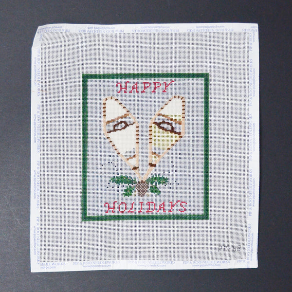 Happy Holidays Snowshoes Needlepoint Panel, Partially Worked - 9 1/2" x 10 1/2"