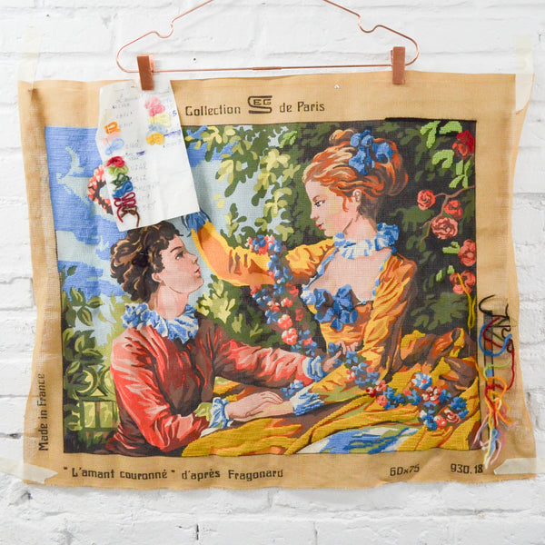 L'amant couronne Vintage French Painted Needlepoint Canvas - Started