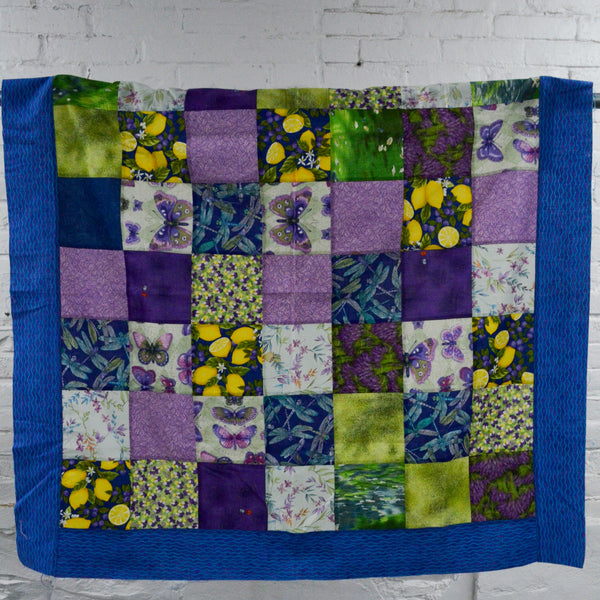 Green + Purple Insects & Lemons Pieced Quilt Top - 42" x 42"