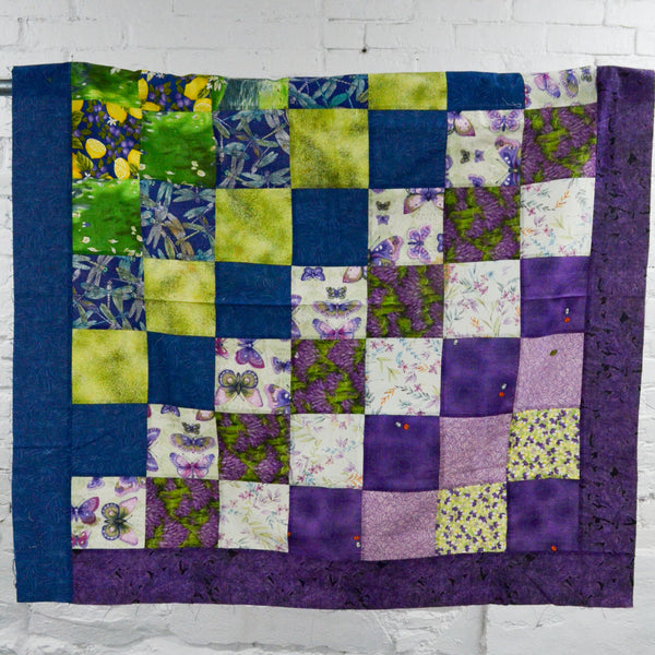 Green, Blue + Purple Insects & Lemons Pieced Quilt Top - 42" x 42"