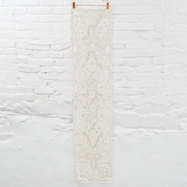 Tan + White Floral Embellished Lace Runner - 15" x 64"
