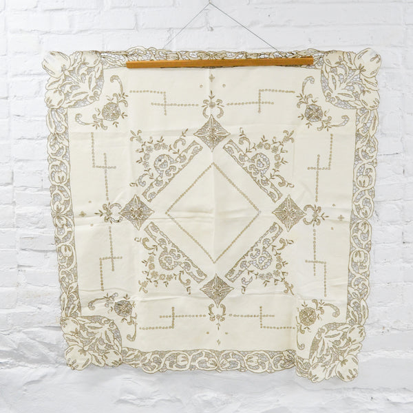 Ivory + Brown Embroidered Cutwork Tablecloth + Napkins