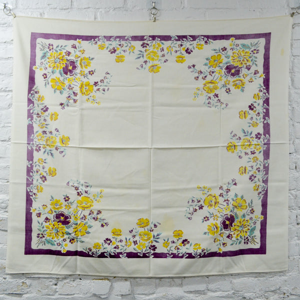 Yellow, Purple + Green Floral Vintage Tablecloth - 40" x 42"