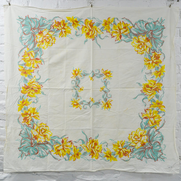 Yellow + Green Floral Vintage Tablecloth - 46" x 46"