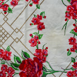 Red, Green + Tan Floral Plaid Vintage Tablecloth - 48" x 54"