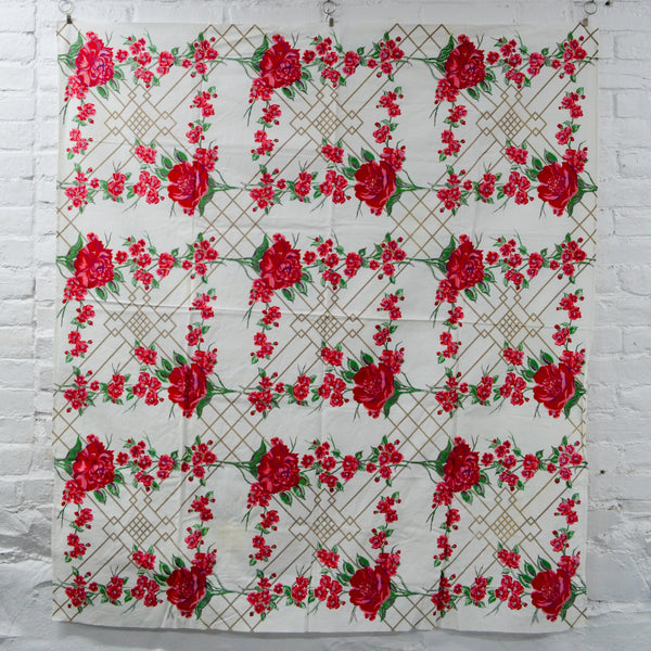 Red, Green + Tan Floral Plaid Vintage Tablecloth - 48" x 54"