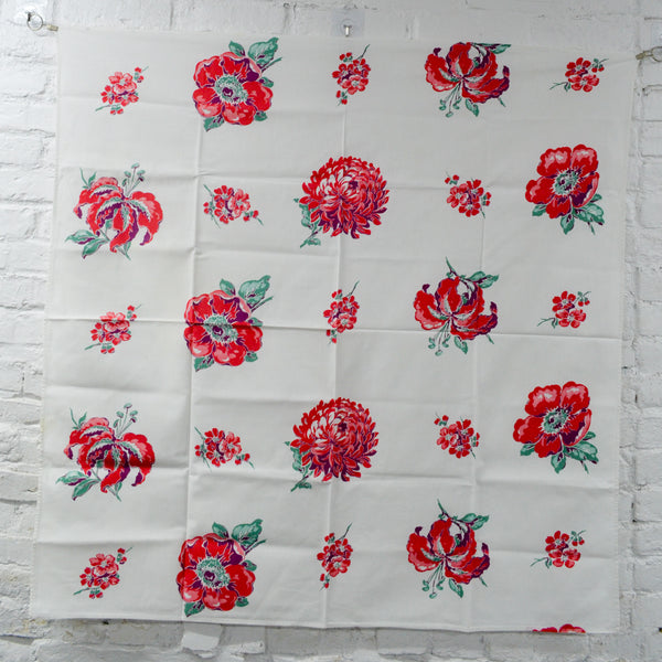 Red + Green Floral Vintage Tablecloth - 42" x 42"