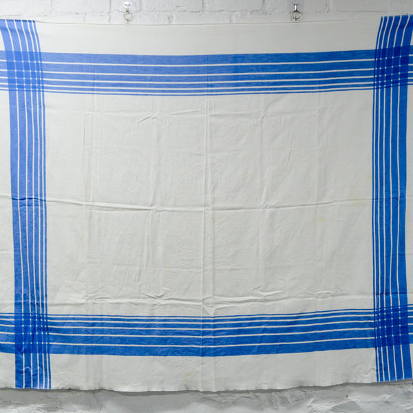 Blue Stripe Border Vintage Tablecloth with White Floral Damask Pattern - 50" x 64"