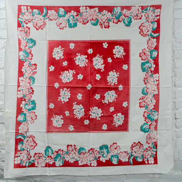 Red + Green Floral Vintage Tablecloth - 44" x 46"