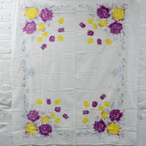 Purple, Yellow + Baby Blue Floral Border Vintage Tablecloth - 54" x 62"