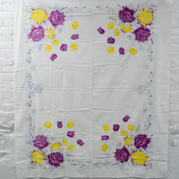 Purple, Yellow + Baby Blue Floral Border Vintage Tablecloth - 54" x 62"