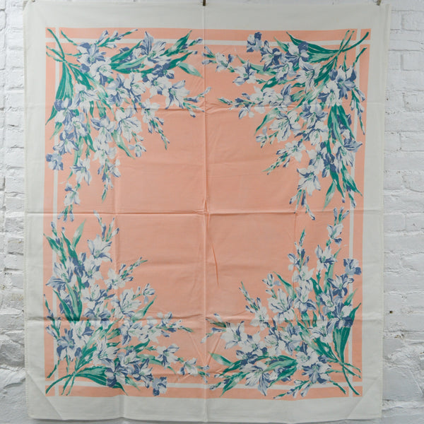 Peach, Blue + Green Floral Bouquet Vintage Tablecloth - 48" x 54"