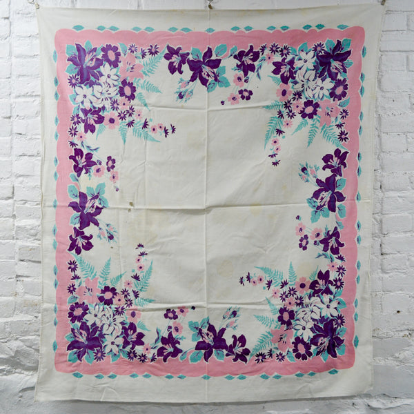 Pink + Purple Floral Vintage Tablecloth - 42" x 50"