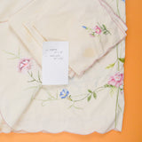 Off-White, Pink + Blue Floral Embroidered Tablecloth (66" x 82") + 14 Napkins (16" x 16")