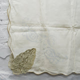 Off-White Tablecloth with Stamped Cross Stitch Pattern and Lace Panel Corners - 68" x 104" (Some Stains)