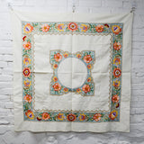 White + Colorful Embroidered Floral Tablecloth - 46" Square