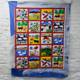Red, White, Blue + Yellow Animal Scene Quilt with Backing + Batting, Stitched + Pinned Together - 37" x 43"