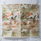 Beige, Green + Red Heron + Floral Brocade Woven Fabric Panel - 24" x 44"