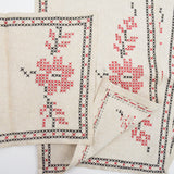 White, Black + Red Cross Stitched 4 Placemats + Center Mat