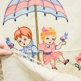 Off-White, Blue + Pink Children Embroidered Tablecloth with Lace Trim - 35" x 46"