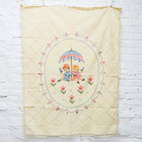 Off-White, Blue + Pink Children Embroidered Tablecloth with Lace Trim - 35" x 46"